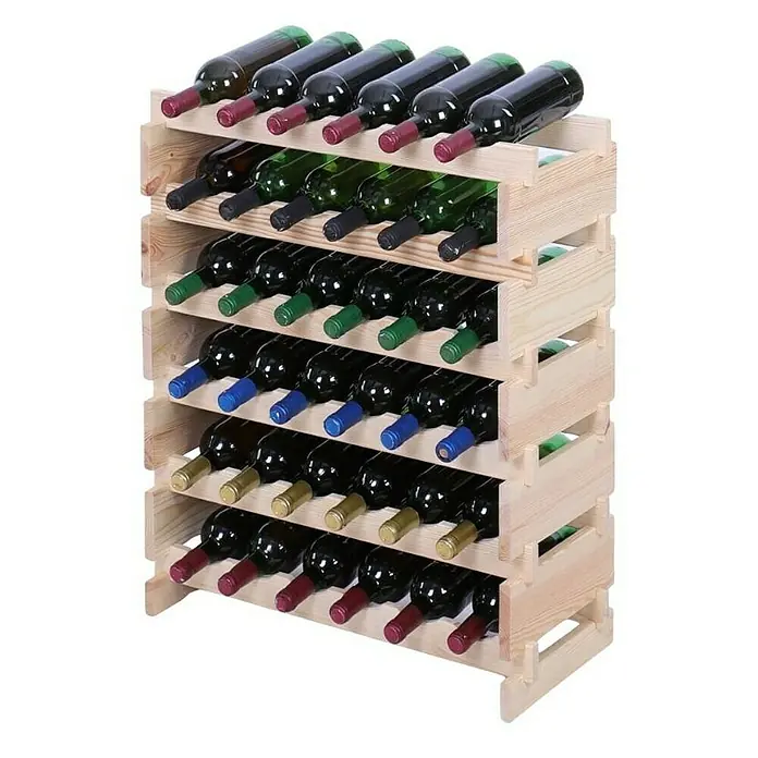Proregal Flaschenregal Weinregal VINOTECA FLEX PRO für 36 Flaschen - L x B x H: 28 x 65 x 79 cm, Holz, Anzahl Böden: 6 Stk. - Dieses Bild zeigt ein hölzernes Weinregal mit mehreren Weinflaschen. Es bietet eine praktische Aufbewahrungslösung für Weinliebhaber.
