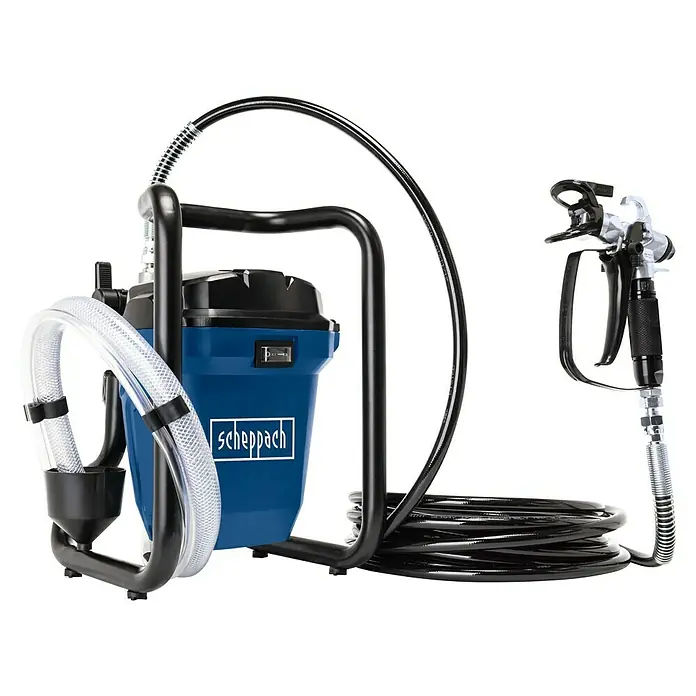 Scheppach Farbsprühsystem PTSA350 - 750 W, Förderleistung: 1,1 l/min - Abbildung einer Scheppach Farbspritzpistole, einem Werkzeug zum präzisen und effizienten Auftragen von Farbe.