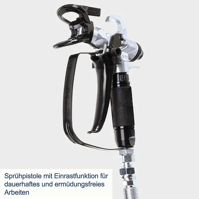 Scheppach Farbsprühsystem PTSA350 - 750 W, Förderleistung: 1,1 l/min - Eine Airless-Farbspritzpistole mit schwarzem Griff und silberner Spitze, verbunden mit einem Schlauch.