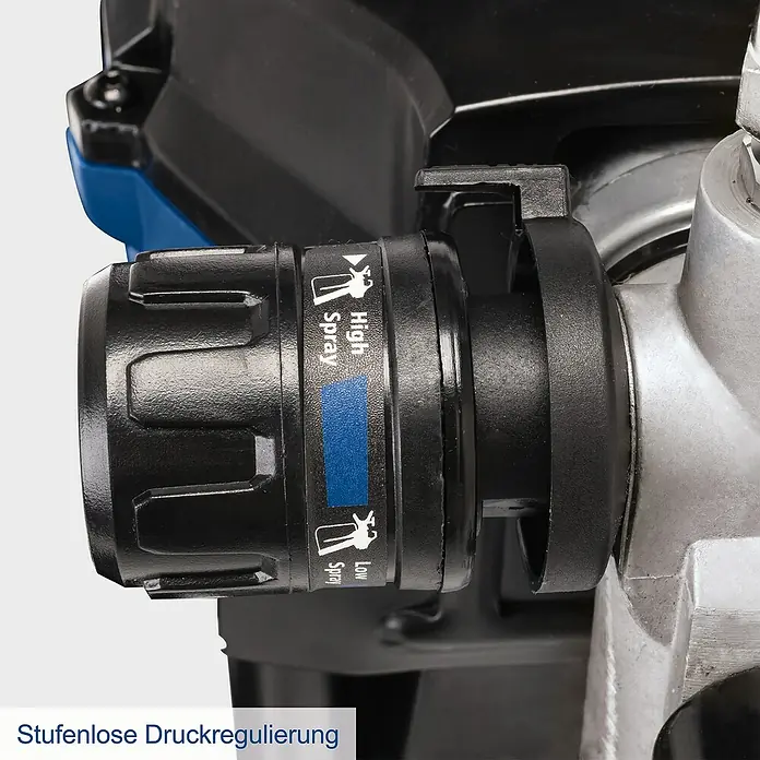 Scheppach Farbsprühsystem PTSA350 - 750 W, Förderleistung: 1,1 l/min - Detailaufnahme der stufenlosen Druckregulierung eines Farbsprühsystems mit Anzeige für niedrigen und hohen Sprühdruck.