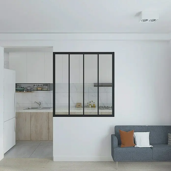 Inova Aluminiumfenster Loft Innenfenster Glas -  - Ein stilvolles Küchenfenster mit schwarzen Rahmen trennt Küche und Wohnbereich und sorgt für eine moderne und offene Atmosphäre.