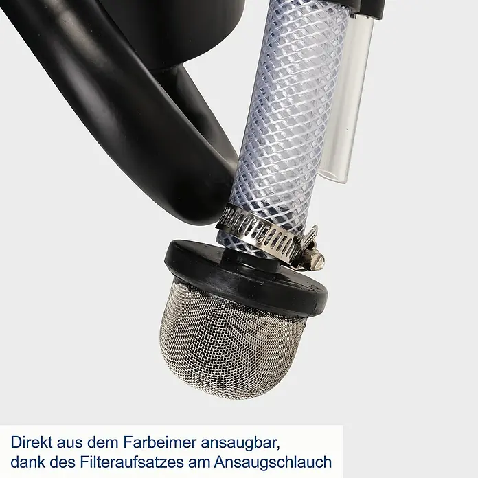 Scheppach Farbsprühsystem PTSA350 - 750 W, Förderleistung: 1,1 l/min - Der Filteraufsatz am Ansaugschlauch ermöglicht das Ansaugen direkt aus dem Farbeimer und verhindert das Verstopfen der Spritzpistole.