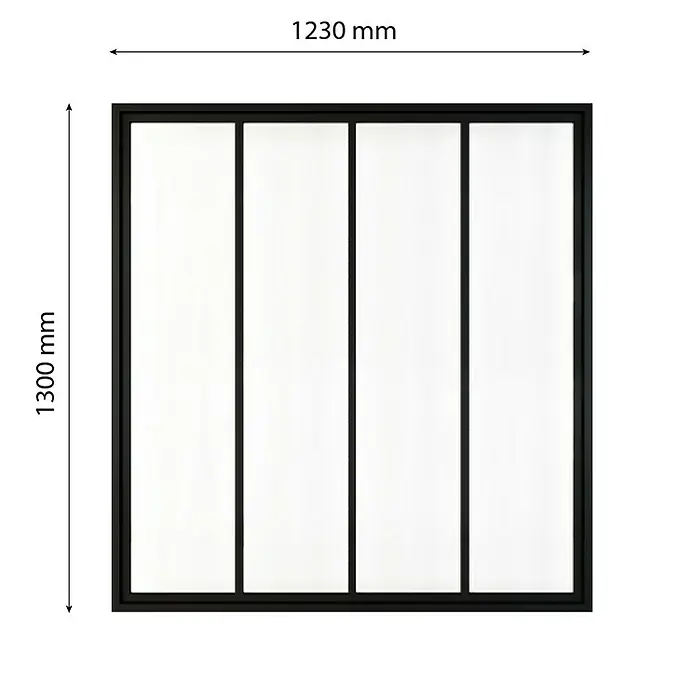Inova Aluminiumfenster Loft Innenfenster Glas -  - Bild eines schwarzen Fensters mit vier Scheiben und Abmessungen 1230 mm x 1300 mm, ideal für modernes Design.