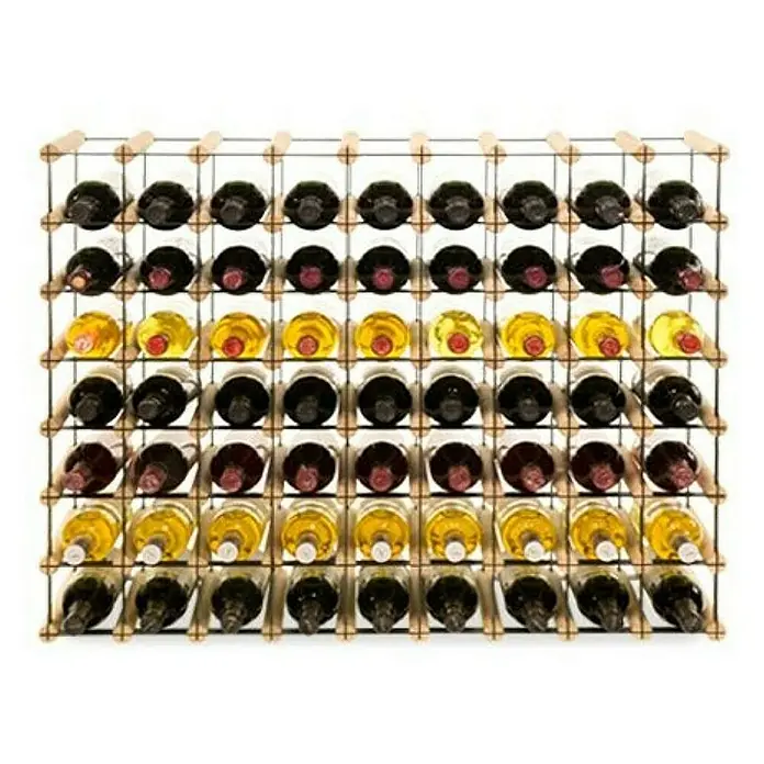 Proregal Flaschenregal Modulares Weinregal VINOTECA MOD METAL für 9x7 Flaschen - L x B x H: 24,5 x 92,5 x 72,5 cm, Holz - Weinregal mit verschiedenen Weinsorten. Das Holzregal ist gefüllt mit Rot-, Weiß- und Roséweinflaschen.