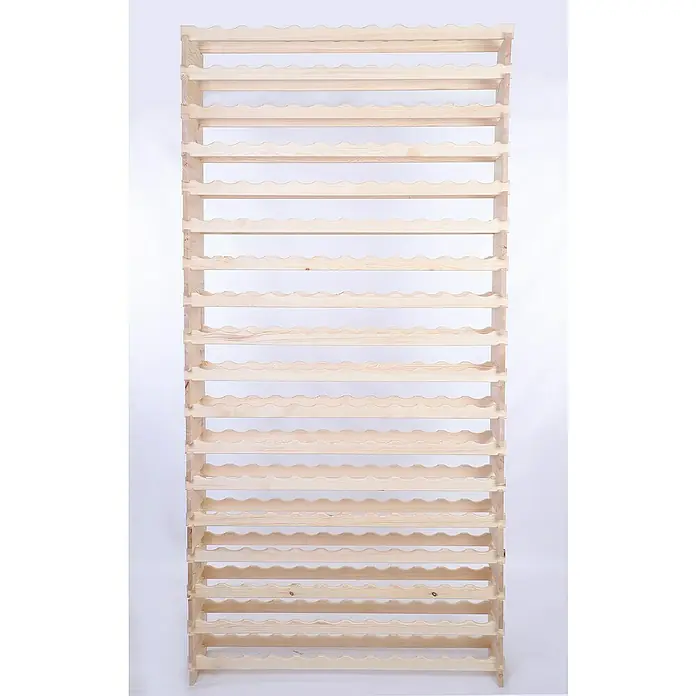 Proregal Flaschenregal Weinregal VINOTECA FLEX PRO für 216 Flaschen - L x B x H: 28 x 123 x 247 cm, Holz, Anzahl Böden: 18 Stk. - Das Bild zeigt ein unbehandeltes, helles Holzweinregal mit mehreren Fächern zur Aufbewahrung von Weinflaschen, das stabil und platzsparend ist.