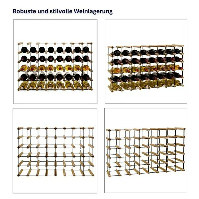 Proregal Flaschenregal Modulares Weinregal VINOTECA MOD METAL für 8x5 Flaschen - L x B x H: 24,5 x 82,5 x 52,5 cm, Holz - Robuste und stilvolle Weinlagerung. Das Bild zeigt ein Weinregal in verschiedenen Ausführungen, sowohl gefüllt als auch leer.