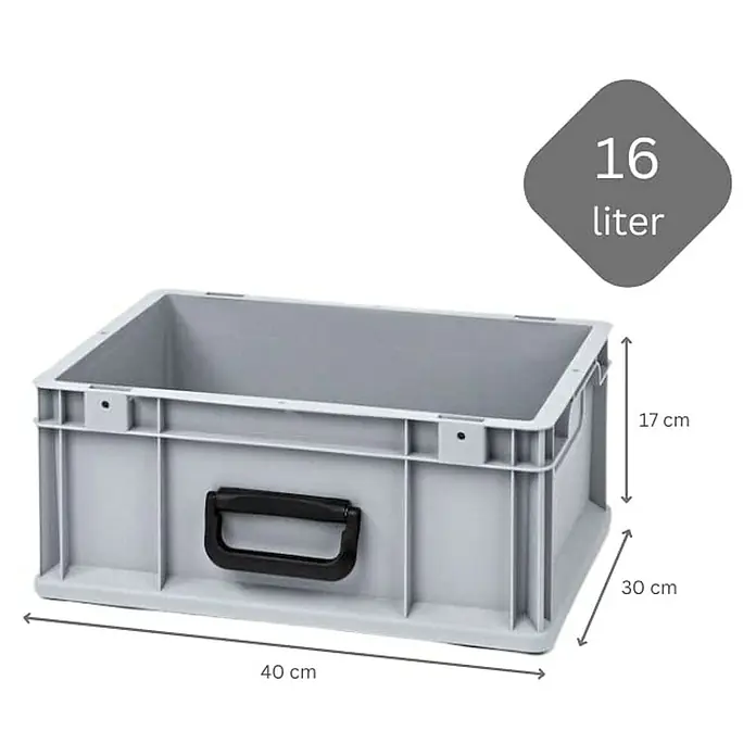 Proregal Eurobox Eurobox NextGen Portable Uno - L x B x H: 40 x 30 x 17 cm, Kunststoff, Grau - Abbildung einer grauen 16-Liter-Kunststoffbox mit Griffen und den Maßen 40 cm Länge, 30 cm Breite und 17 cm Höhe.