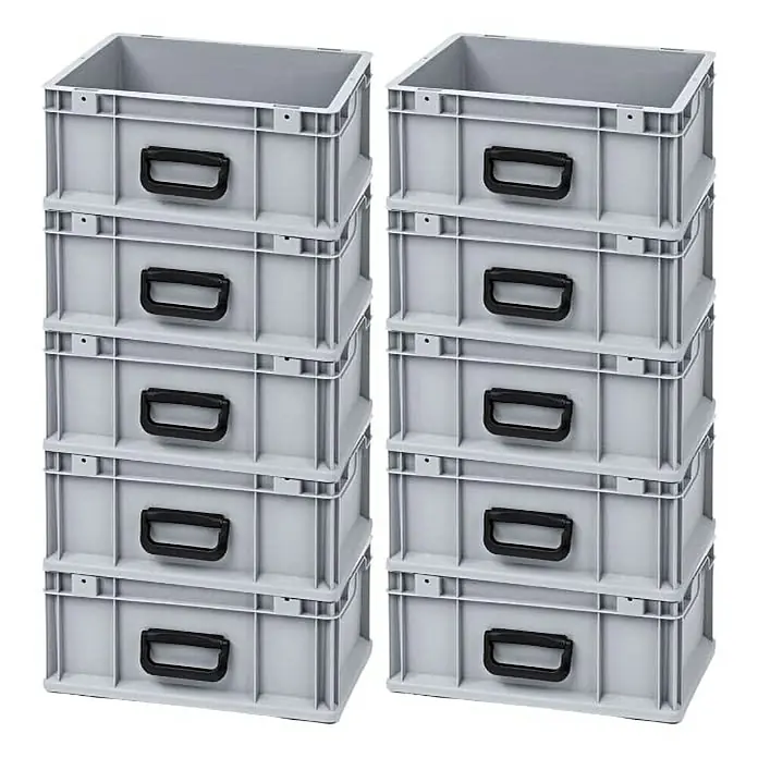 Proregal Eurobox Eurobox NextGen Portable Uno - L x B x H: 40 x 30 x 17 cm, Kunststoff, Grau - Zwei Stapel grauer Kunststoffboxen mit schwarzen Griffen, ideal zur Aufbewahrung und Organisation verschiedener Gegenstände.