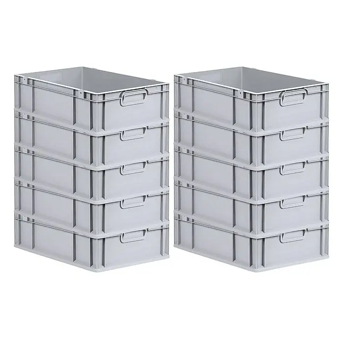 Proregal Eurobox Eurobox NextGen Economy - L x B x H: 60 x 40 x 17 cm, Kunststoff, Grau - Zwei Stapel grauer Kunststoffbehälter mit Griffen, ideal für Lagerung und Organisation in Werkstatt oder Büro.