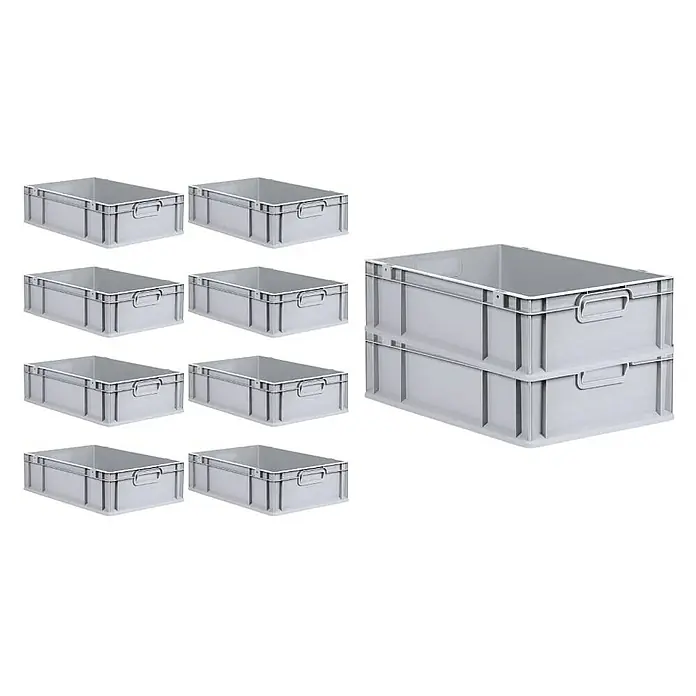 Proregal Eurobox Eurobox NextGen Economy - L x B x H: 60 x 40 x 17 cm, Kunststoff, Grau - Das Bild zeigt 10 graue Lagerkästen aus Kunststoff, von denen zwei übereinander gestapelt sind, ideal für Lagerung und Organisation.