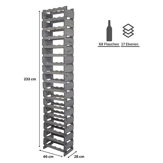 Proregal Flaschenregal Weinregal VINOTECA FLEX PRO für 68 Flaschen - L x B x H: 28 x 46 x 233 cm, Holz, Anzahl Böden: 17 Stk. - Produktabbildung eines grauen Weinregals aus Holz, das 68 Flaschen auf 17 Ebenen lagern kann und 233 cm hoch ist.