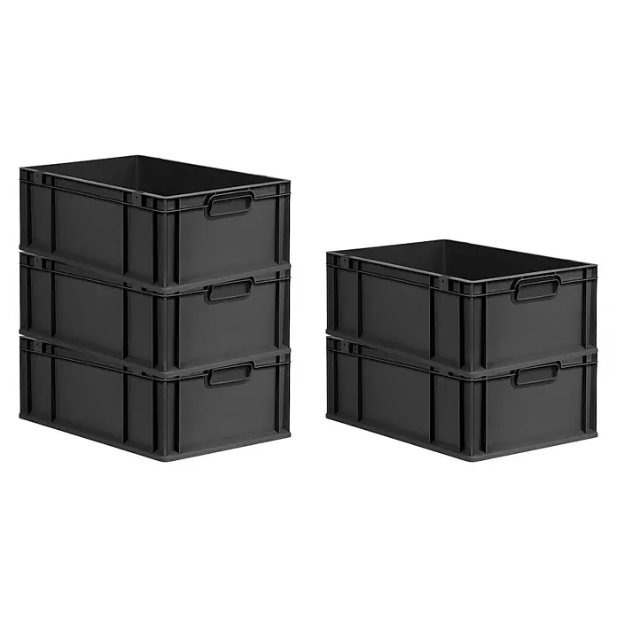 Proregal Eurobox Eurobox NextGen Grip - Kunststoff, Schwarz - Stapel von schwarzen Kunststoffboxen zur Lagerung, ideal für Organisation und Aufbewahrung von Gegenständen im Haushalt oder Büro.