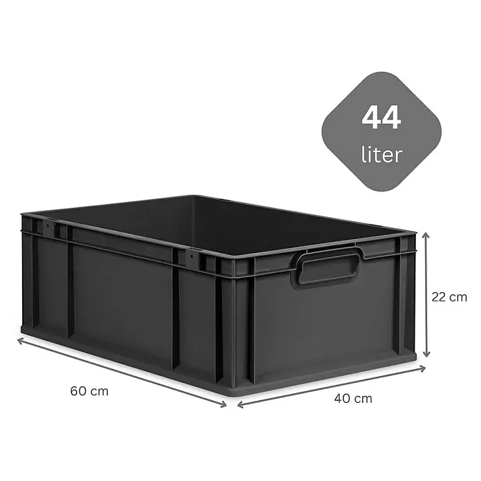 Proregal Eurobox Eurobox NextGen Grip - Kunststoff, Schwarz - Schwarze 44-Liter-Kunststoffbox mit Griffen und den Maßen 60 cm x 40 cm x 22 cm für Lagerung und Transport.