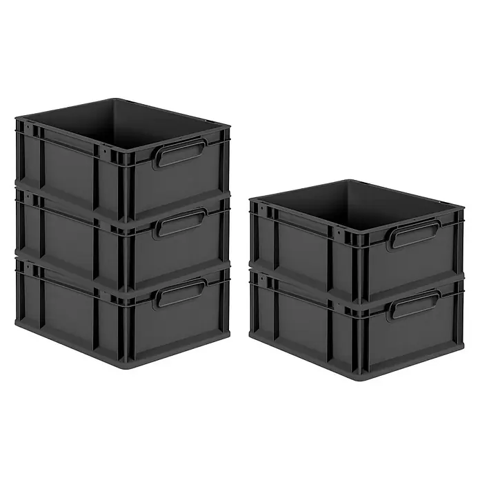 Proregal Eurobox Eurobox NextGen Grip - L x B x H: 40 x 30 x 17 cm, Kunststoff, Schwarz - Gestapelte graue Lagerbehälter aus Kunststoff mit Griffen. Die praktischen Stapelboxen sind ideal für Lagerung und Transport.
