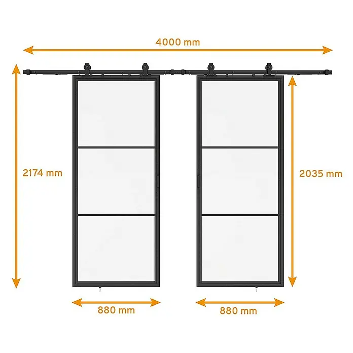 Inova Schiebetür-Komplettset Lofttür Komplettset Stahl Doppelflügelig - 1.760 x 2.035 mm - Produktansicht der Glasschiebetür mit Abmessungen. Die Tür ist in einer schwarzen Umrandung gehalten und hat 3 Glaselemente.