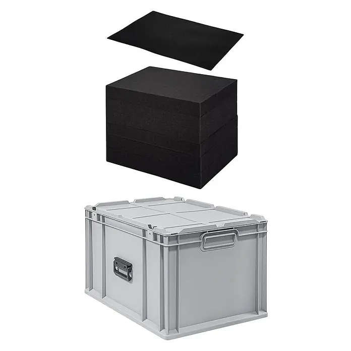 Proregal Eurobox Eurobox NextGen Portable mit Rasterschaumstoff & Schaumstoffeinlage - Kunststoff, Grau - Das Bild zeigt eine graue Aufbewahrungsbox aus Kunststoff mit Deckel und schwarzem Schaumstoffeinsatz.