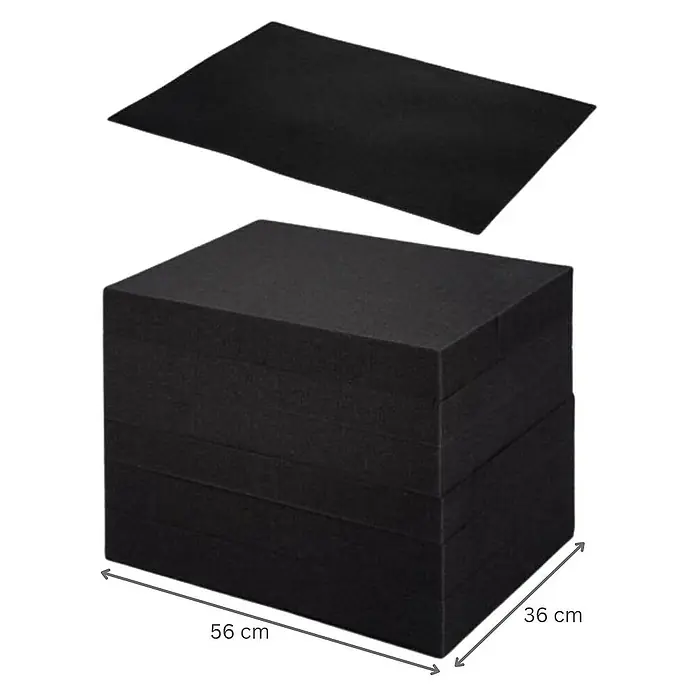 Proregal Eurobox Eurobox NextGen Portable mit Rasterschaumstoff & Schaumstoffeinlage - Kunststoff, Grau - Schwarze Schaumstoffmatratze, die kompakt gestapelt und mit Maßangaben (56 cm x 36 cm) versehen ist.