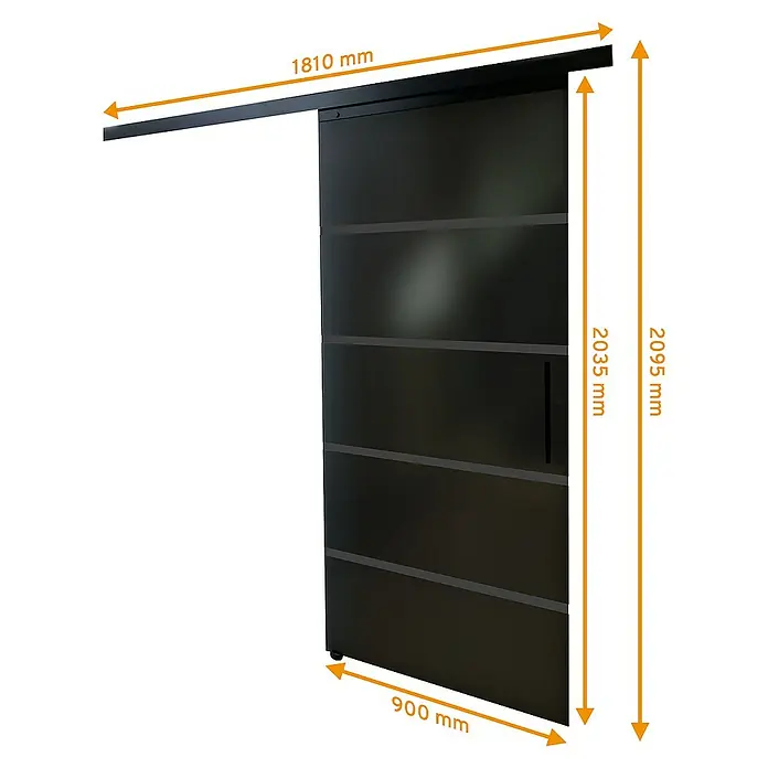 Inova Schiebetür-Komplettset Glas Komplettset Blockstreifen Grauglas schwarz mit Stabgriff + Softclose - 900 x 2.035 mm - Abgebildet ist eine schwarze Schiebetür mit horizontalen Akzenten und Maßangaben für Breite, Höhe und Länge der Aufhängung.