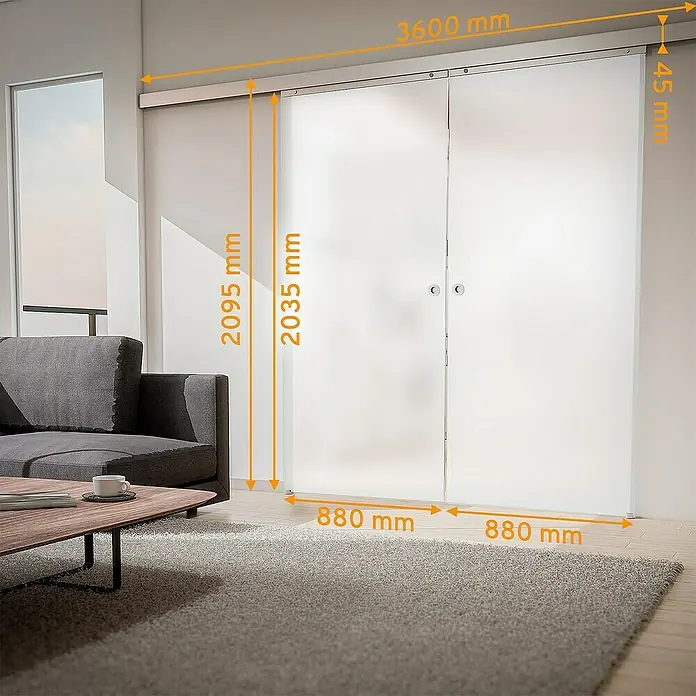 Inova Schiebetür-Komplettset Glas Komplettset Blockstreifen mit Griffmuschel + Softclose Doppelflügelig - 1.760 x 2.035 mm - Das Bild zeigt eine Inneneinrichtung mit einer Glasschiebetür und Maßangaben. Die Schiebetür ist aus mattem Glas gefertigt.