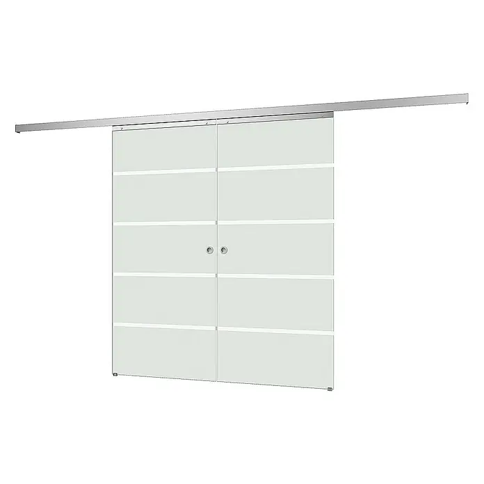 Inova Schiebetür-Komplettset Glas Komplettset Blockstreifen mit Griffmuschel + Softclose Doppelflügelig - 1.760 x 2.035 mm - Eine moderne Schiebetür mit vier horizontalen Glaseinsätzen und einem eleganten, silberfarbenen Schienensystem. Ideal für moderne Innenräume.