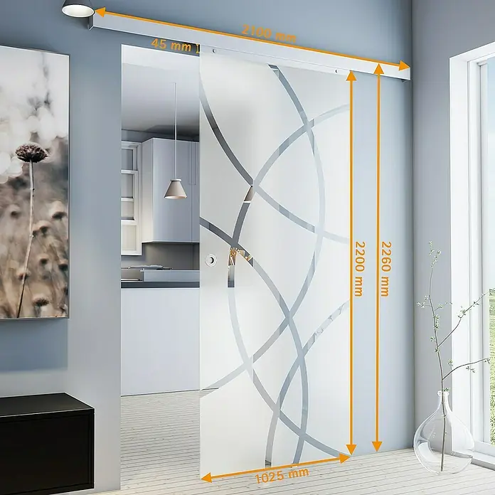 Inova Schiebetür-Komplettset Glas Komplettset kreisförmig mit Griffmuschel - 1.025 x 2.200 mm - Das Bild zeigt eine Glasschiebetür mit den Maßen 2100mm Länge, 2200mm Höhe und 1025mm Breite, ideal für moderne Innenräume.
