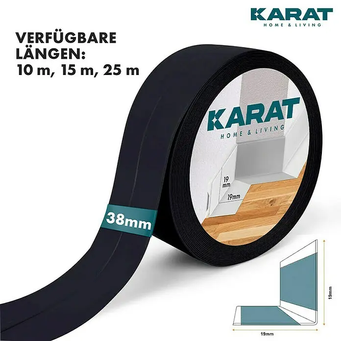 Floordirekt Sockelleiste Weichsockelleiste Riga Schwarz 19 x 19 mm - 15 m - 15 m x 1,9 cm x 1,9 cm, PVC - Bild einer Rolle schwarzer Karat Sockelleiste in verschiedenen Längen (10, 15, 25m) und 38mm Breite für den Innenbereich.