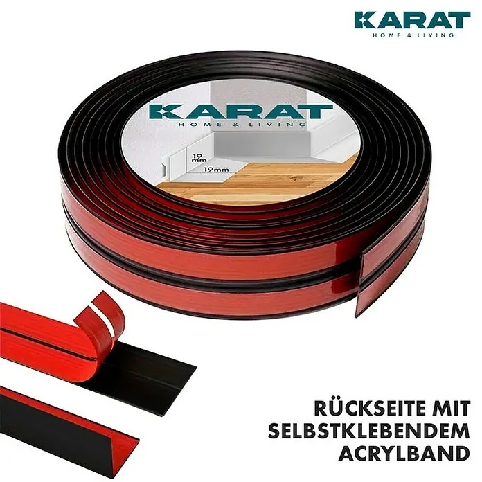 Floordirekt Sockelleiste Weichsockelleiste Riga Schwarz 19 x 19 mm - 15 m - 15 m x 1,9 cm x 1,9 cm, PVC - Eine Rolle selbstklebendes KARAT Sockelleistenband mit Acrylbeschichtung für eine einfache und schnelle Montage.