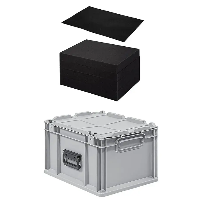 Proregal Eurobox Eurobox NextGen Portable mit Rasterschaumstoff & Schaumstoffeinlage - L x B x H: 40 x 30 x 23,5 cm, Kunststoff, Grau - Eine graue Lagerbox mit Deckel und schwarzem Schaumstoff-Einsatz für sicheren Transport und Aufbewahrung von Gegenständen.