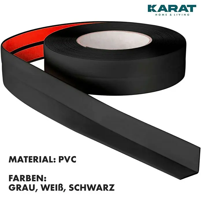 Floordirekt Sockelleiste Weichsockelleiste Riga Schwarz 19 x 19 mm - 15 m - 15 m x 1,9 cm x 1,9 cm, PVC - Bild einer Rolle schwarzes PVC-Dichtband, geeignet für Bad und Küche, mit Klebestreifen auf der Rückseite.