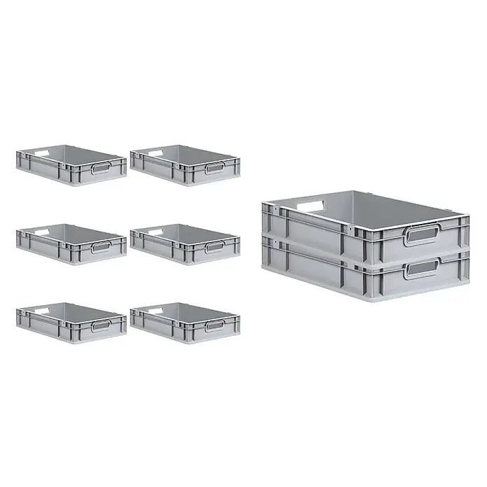 Proregal Euroboxen-Set 8x Eurobox NextGen Grip - L x B x H: 60 x 40 x 12 cm, Kunststoff, Grau, 8 Stk. - Graue Kunststoffbehälter: Sieben einzelne und zwei gestapelte Lagerboxen, ideal für Lagerung und Transport.