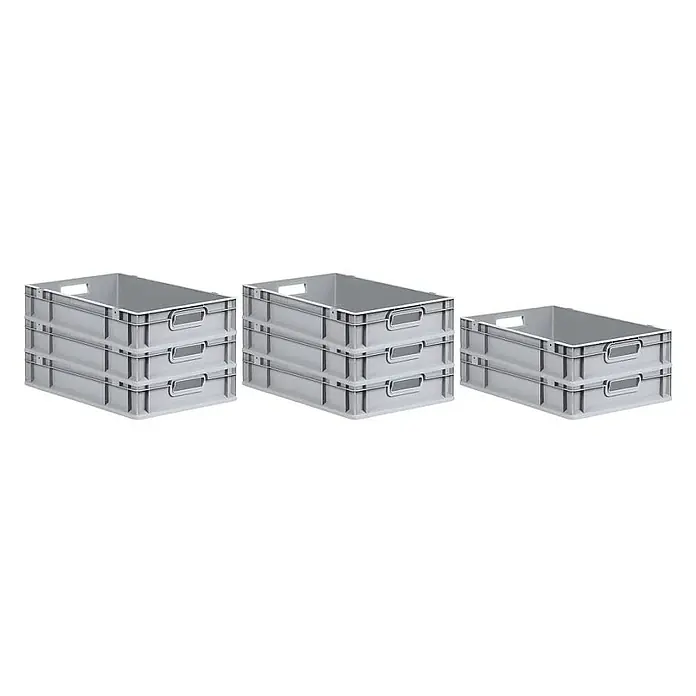 Proregal Euroboxen-Set 8x Eurobox NextGen Grip - L x B x H: 60 x 40 x 12 cm, Kunststoff, Grau, 8 Stk. - Drei Stapel grauer Kunststoffboxen, die eine praktische und ordentliche Aufbewahrungslösung darstellen.