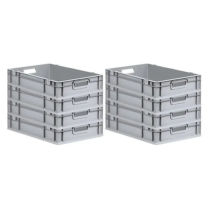Proregal Euroboxen-Set 8x Eurobox NextGen Grip - L x B x H: 60 x 40 x 12 cm, Kunststoff, Grau, 8 Stk. - Bild von zwei Stapeln grauer Lagerboxen mit Etikettenhaltern.