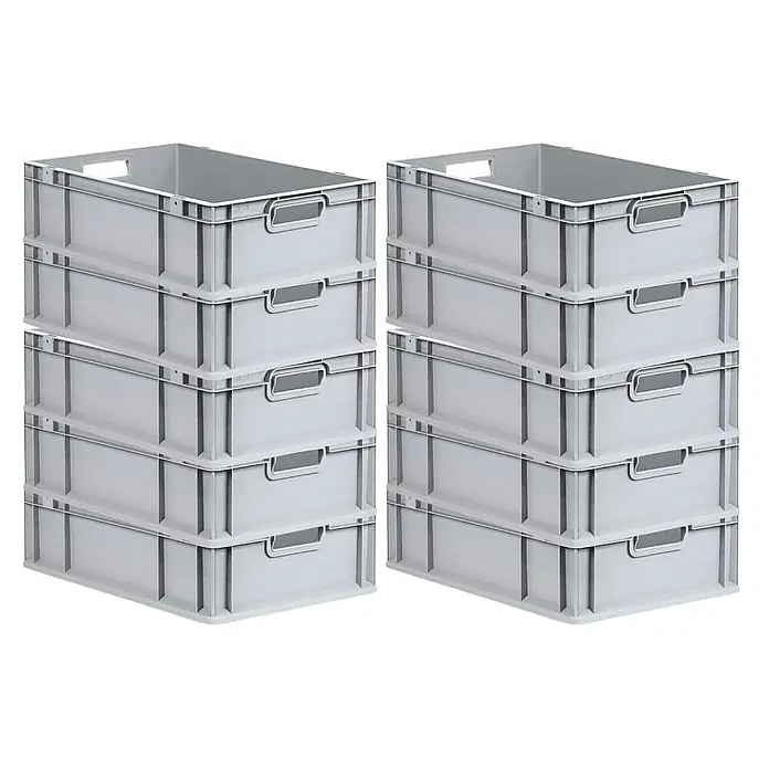 Proregal Eurobox Eurobox NextGen Economy - L x B x H: 60 x 40 x 17 cm, Kunststoff, Grau - Zwei Stapel grauer Kunststoffboxen mit Griffen, ideal für Lagerung und Organisation. Robuste Bauweise für vielseitige Einsatzmöglichkeiten.