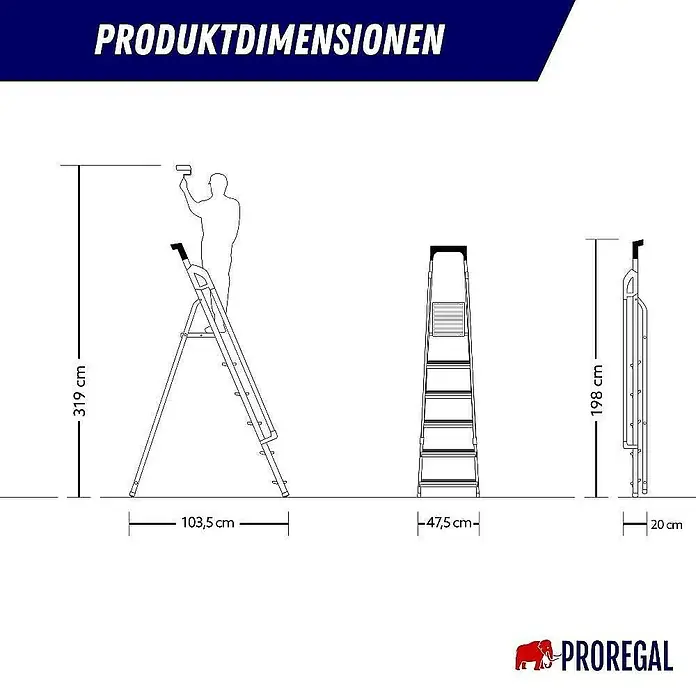 Proregal Stehleiter ATLAS mit Werkzeugablage & Handlauf - Anzahl Tritte: 6 Stk., Arbeitshöhe: 3.190 mm, Belastbarkeit: 150 kg, Aluminium - Produktabmessungen einer Klappleiter. Zusammengeklappt ist die Leiter 198cm hoch. Die Leiter ausgeklappt ist 319cm hoch und 103,5cm breit.