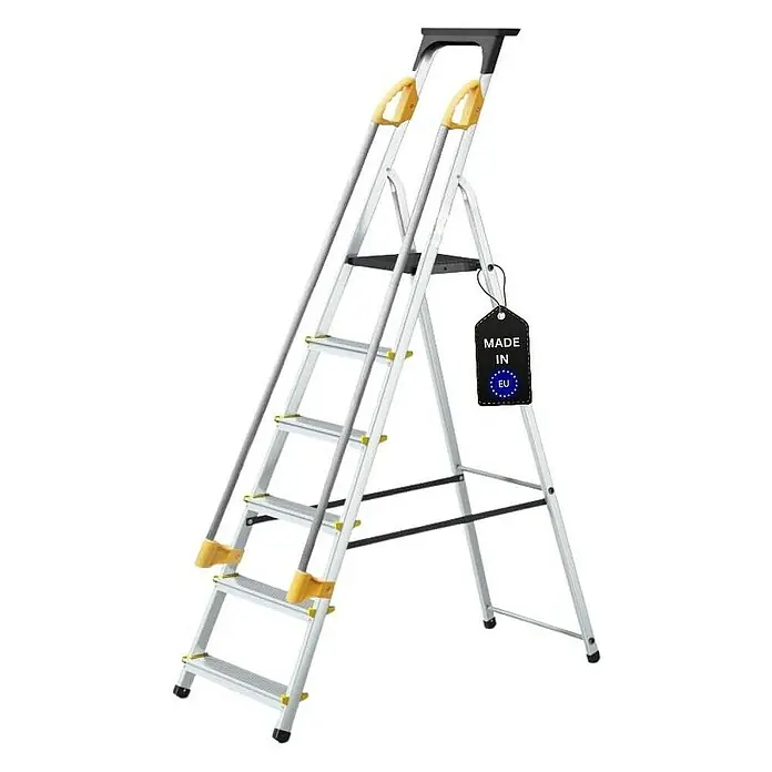 Proregal Stehleiter ATLAS mit Werkzeugablage & Handlauf - Anzahl Tritte: 6 Stk., Arbeitshöhe: 3.190 mm, Belastbarkeit: 150 kg, Aluminium - Aluminium-Stufenleiter mit Sicherheitsbügel und rutschfesten Stufen, ideal für den Heimgebrauch und professionelle Anwendungen.