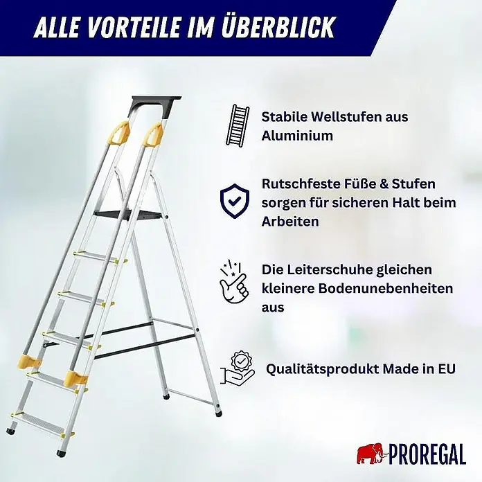 Proregal Stehleiter ATLAS mit Werkzeugablage & Handlauf - Anzahl Tritte: 6 Stk., Arbeitshöhe: 3.190 mm, Belastbarkeit: 150 kg, Aluminium - Aluminium-Sicherheitsleiter mit breiten Stufen für sicheren Halt. Ideal für Arbeiten im Haushalt & Gewerbe. Made in EU-Qualität.