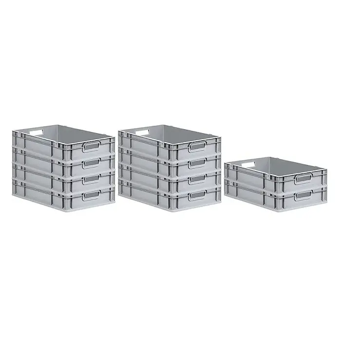Proregal Euroboxen-Set 10x Eurobox NextGen Grip - L x B x H: 60 x 40 x 12 cm, Kunststoff, Grau, 10 Stk. - Drei Stapelboxen aus Kunststoff, einmal vierfach, einmal vierfach und einmal zweifach gestapelt, zur Aufbewahrung und Organisation.