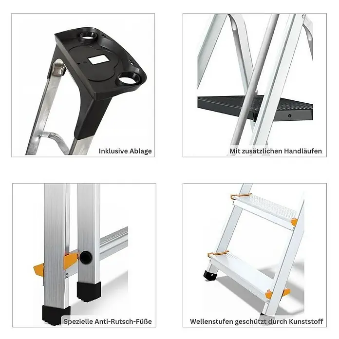 Proregal Stehleiter ATLAS mit Werkzeugablage & Handlauf - Anzahl Tritte: 6 Stk., Arbeitshöhe: 3.190 mm, Belastbarkeit: 150 kg, Aluminium - Detailansichten einer silbernen Leiter mit Ablage, Handläufen, Anti-Rutsch-Füßen und Kunststoffschutz.