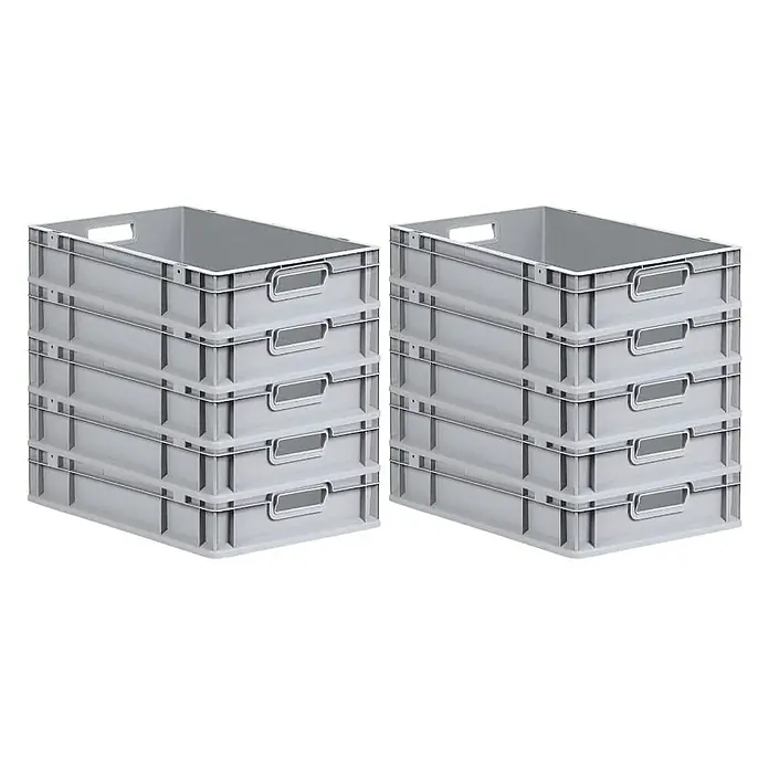 Proregal Euroboxen-Set 10x Eurobox NextGen Grip - L x B x H: 60 x 40 x 12 cm, Kunststoff, Grau, 10 Stk. - Zwei Stapel grauer Kunststoffboxen mit Etikettenhaltern, ideal für Lagerung und Organisation im Lager oder Büro. Robuste Bauweise für vielseitige Anwendungen.