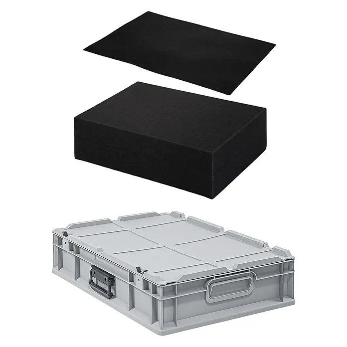 Proregal Eurobox Eurobox NextGen Portable mit Rasterschaumstoff & Schaumstoffeinlage - L x B x H: 60 x 40 x 13,5 cm, Kunststoff, Grau - Graue Aufbewahrungsbox mit Deckel und schwarzem Schaumstoffeinlagen für sicheren Transport.