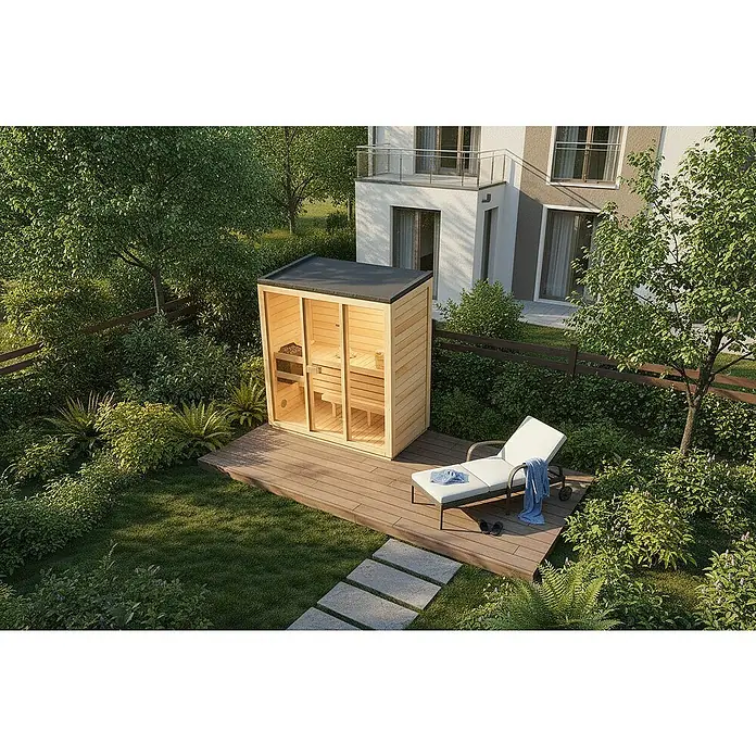 FinnTherm Saunahaus Kuuma M 42mm Wandstärke - Elektroofen - Eine freistehende Außensauna aus hellem Holz mit gläserner Front steht auf einer Holzterrasse in einem begrünten Garten neben einem Liegestuhl.