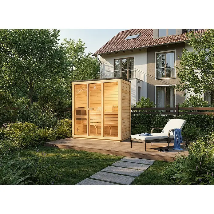 FinnTherm Saunahaus Kuuma M 42mm Wandstärke - Elektroofen - Sauna im Garten mit Liegestuhl auf Holzdeck, umgeben von Grün. Entspannung pur mit dieser Gartensauna für erholsame Stunden im Freien.