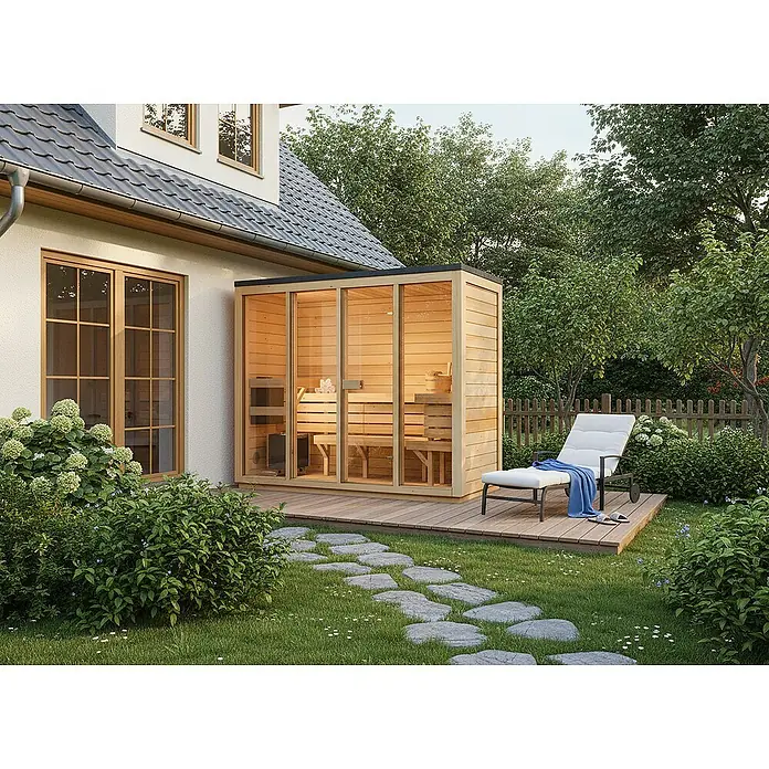 FinnTherm Saunahaus Kuuma L 42mm Wandstärke - Elektroofen - Einladende Gartensauna neben dem Haus mit Liegestuhl auf Holzdeck und Steinfliesenweg, umgeben von üppigem Grün.