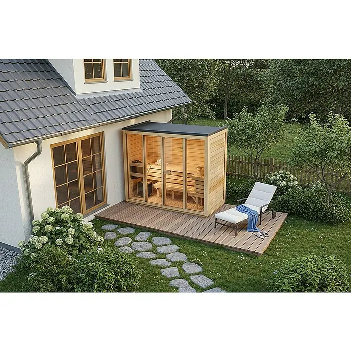 FinnTherm Saunahaus Kuuma L 42mm Wandstärke - Elektroofen - Helle Außensauna mit großzügigen Glasfronten neben einem Haus mit Terrasse und Liegestuhl für entspannte Momente im Garten.