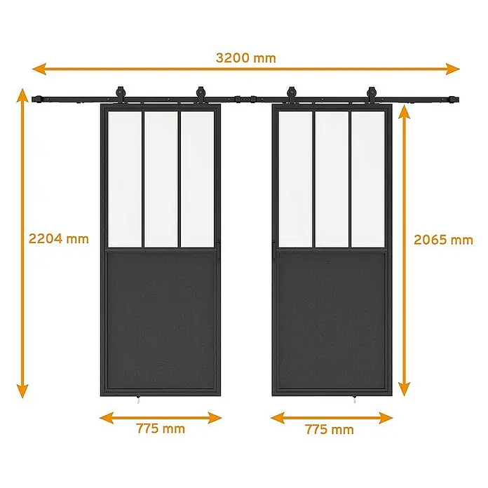 Inova Schiebetür-Komplettset Lofttür Komplettset Stahl Doppelflügelig - 1.550 x 2.065 mm - Zwei schwarze Schiebetüren mit Glasoberteil und Maßangaben.