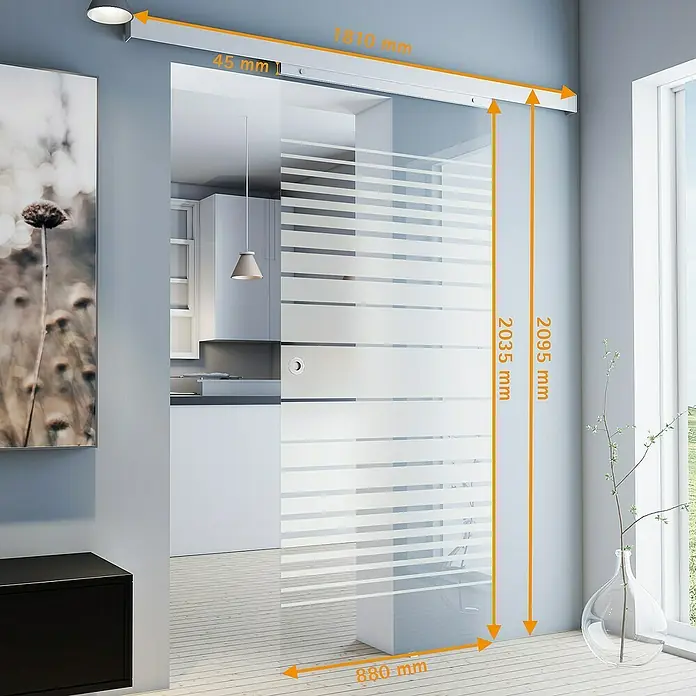Inova Schiebetür-Komplettset Glasschiebetür ESG S teil satiniert 880 x 2035 mm - 880 x 2.035 mm - Abbildung einer Glasschiebetür mit horizontalen Streifen und Maßangaben für Breite, Höhe und Montagevorrichtung.