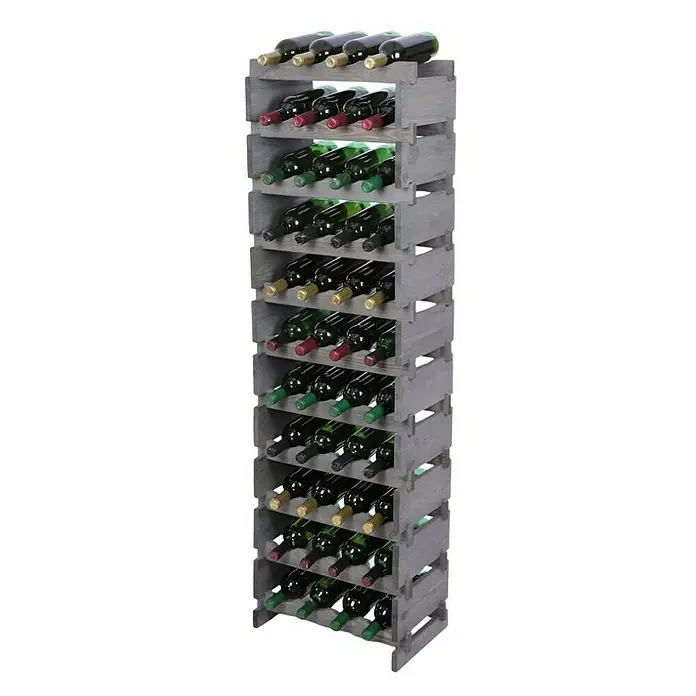 Proregal Flaschenregal Weinregal VINOTECA FLEX PRO für 44 Flaschen - L x B x H: 28 x 46 x 149 cm, Holz, Anzahl Böden: 11 Stk. - Ein graues Weinregal aus Holz mit zahlreichen Weinflaschen, das eine stilvolle und praktische Aufbewahrungslösung für Weinliebhaber bietet.