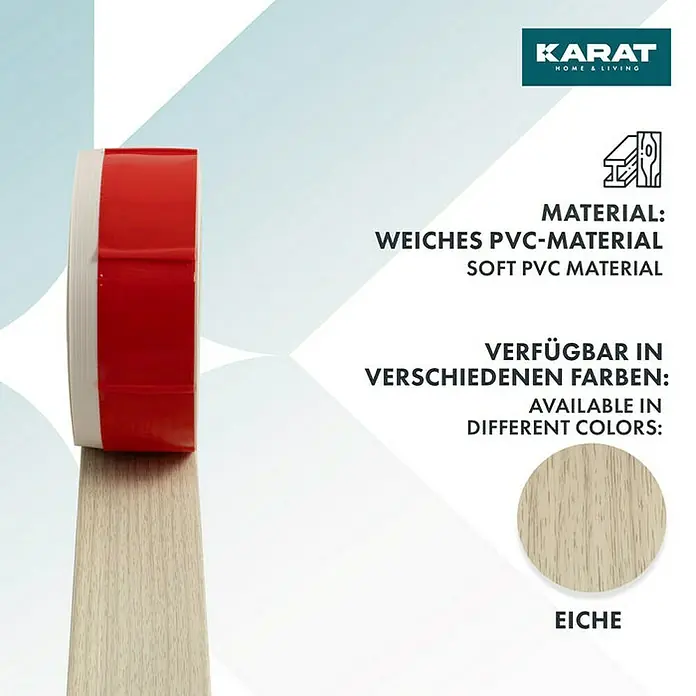 Floordirekt Sockelleiste Oslo Eiche 50 x 15 mm - 10 m - 10 m x 1,5 cm x 5 cm, PVC - Das Bild zeigt eine Kantenleiste aus weichem PVC-Material in Eiche-Optik. Die Leiste ist in verschiedenen Farben erhältlich.