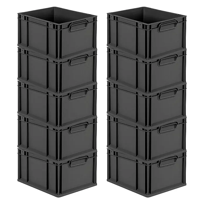 Proregal Euroboxen-Set 10x Eurobox NextGen Grip - Kunststoff, Schwarz, 10 Stk. - Stapel von schwarzen Aufbewahrungsboxen aus Kunststoff, ideal zur Lagerung und Organisation von Gegenständen.
