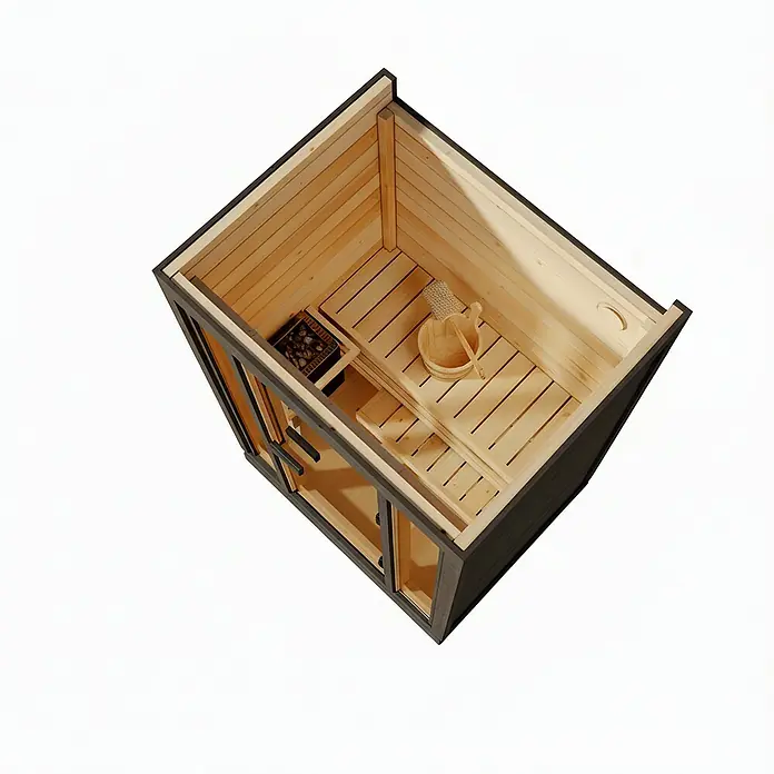 FinnTherm Saunahaus Kuuma S black - Elektroofen, L x B x H: 111 x 138 x 213 cm - Diese Aufnahme aus der Vogelperspektive zeigt die Innenausstattung einer Holzsauna mit Bänken, Kübel und Ofen.